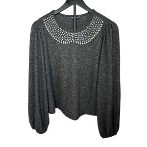 Zara womens gray sweater bejeweled collar detail.  Size L.